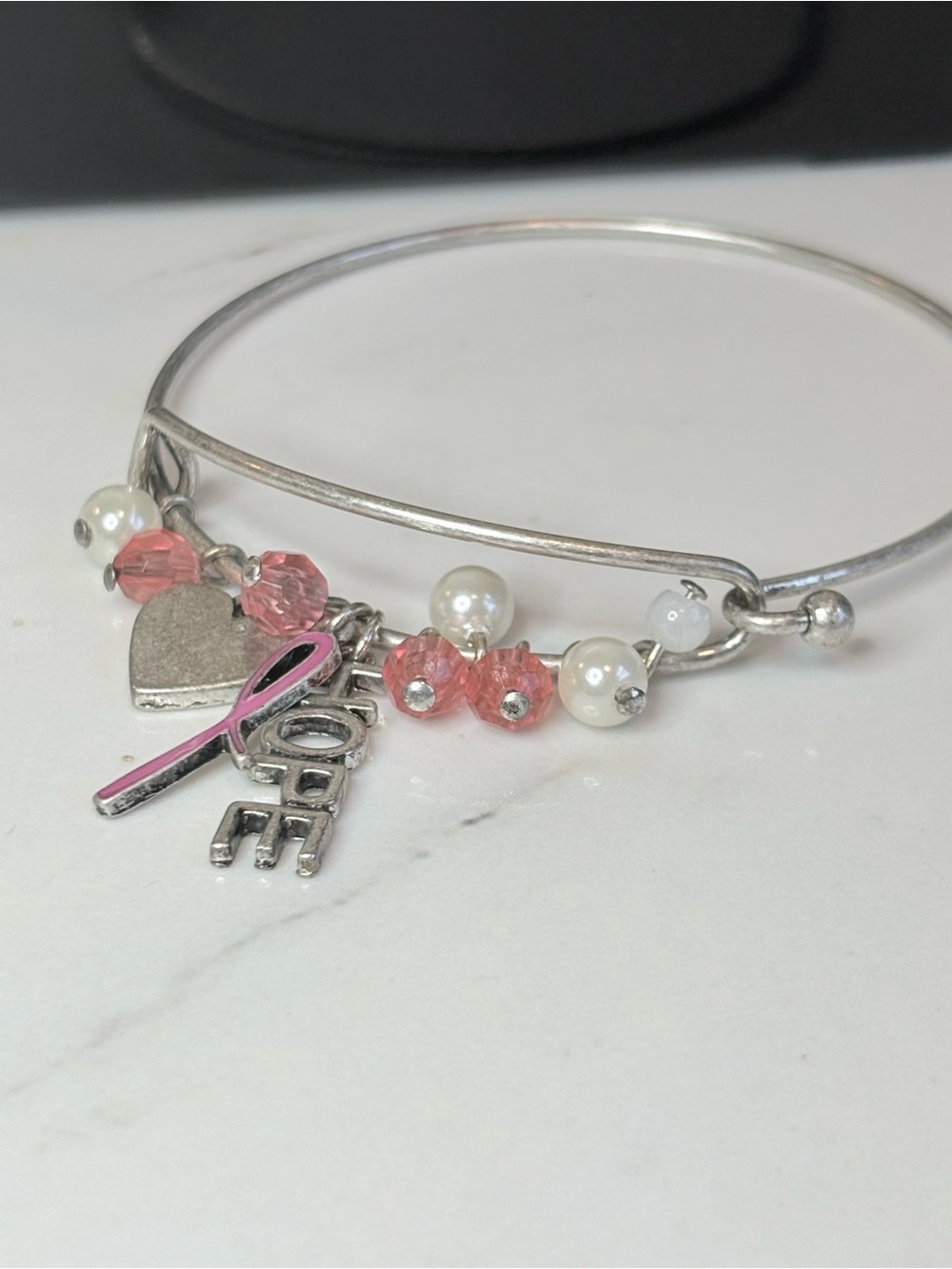 Hope Pink Ribbon Charm Bangle Bracelet | Breast Cancer Awareness | Silver Tone